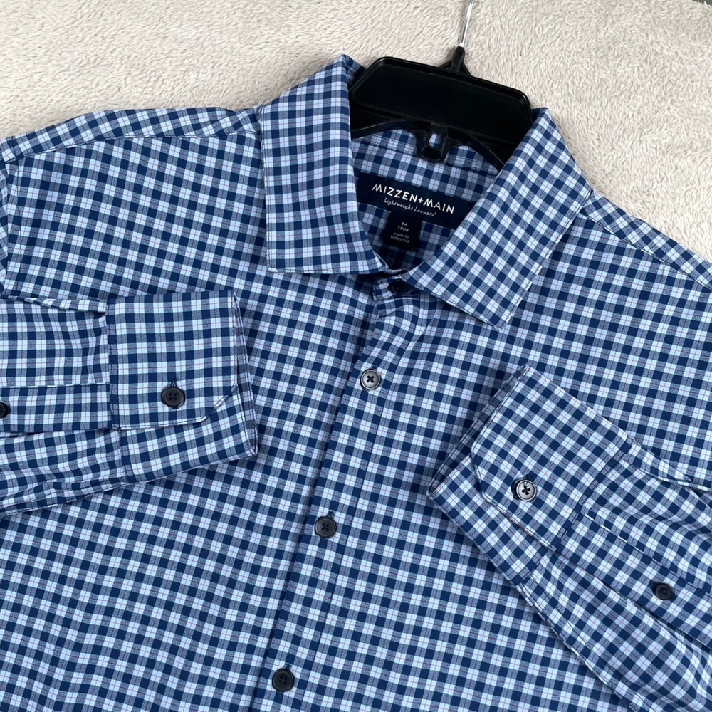 Mizzen + Main Leeward Dress Shirt Mens Medium Blue Plaid Lightweight Button Up